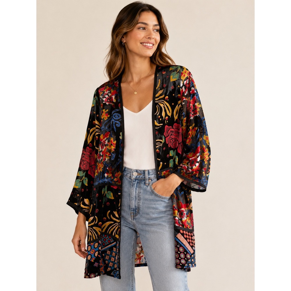 Multiples Small Burnout Velvetβ Floral Patchwork Kimono Cardigan Black Rose